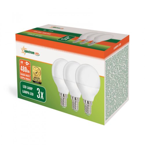 SpectrumLED G45 E-14 230V 6W 480lm 3000K (melegfehér) WW 3-PACK LED fényforrás